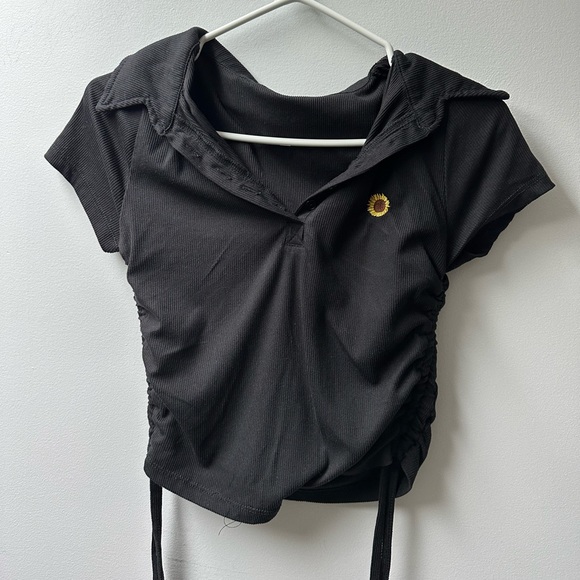 Black Ardene Crop top Ruched Sides With Small Sunflower Design - Picture 1 of 4